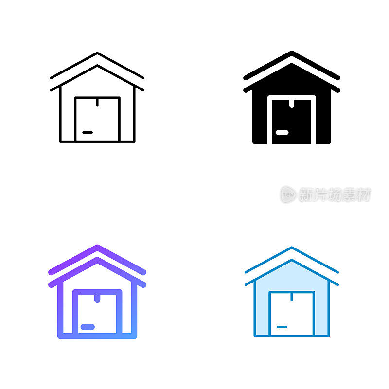 仓库图标设计在四种风格与可编辑的笔画。线，实线，平线和颜色梯度线。适合网页，手机App, UI, UX和GUI设计。